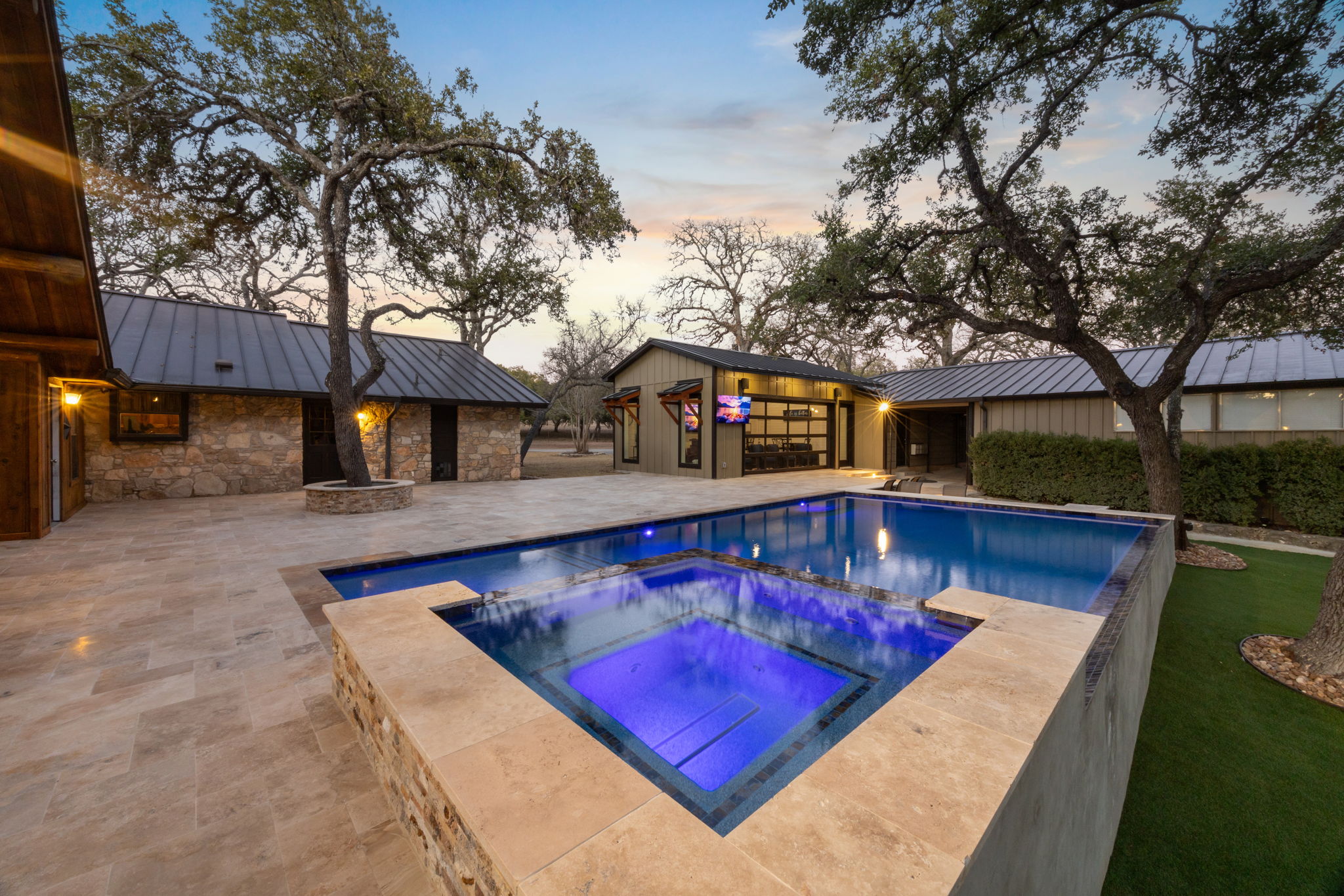 Elegant pool illuminated at twilight